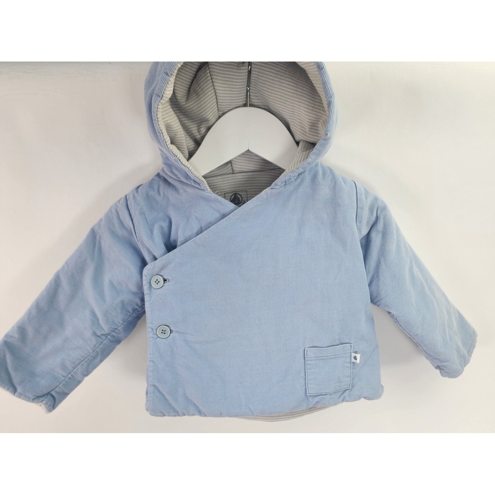 Petit Bateau Corduroy Hooded Jacket Baby 12 Mos Blue Wrap Front Padded France